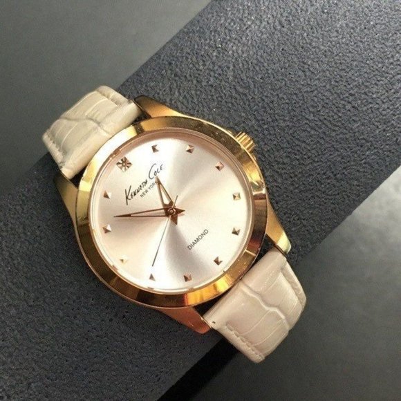 Kenneth Cole Diamond Watch White Leather Gold A126-14 KC2857 - Picture 1 of 9